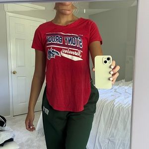Thin Red, Blue, and White Stony Brook T-Shirt Short Front Long Back Size Medium